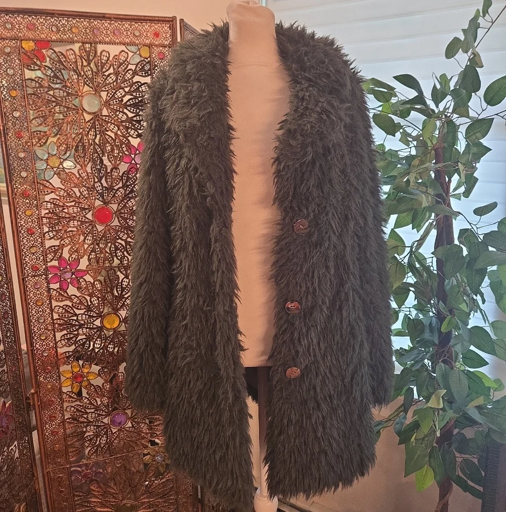 Guess Y2K Green Faux Fur Boho Glam Mobwife Coat Womens Small